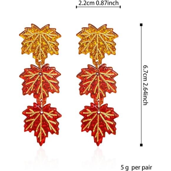Crystal Maple Leaf Earrings | Sparkly Orange Red Dangle Drops - Picture 5 of 6